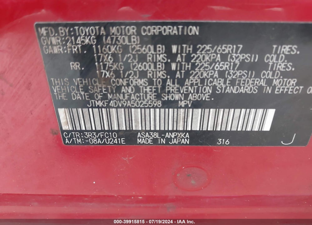 2010 TOYOTA RAV4 VIN: JTMKF4DV9A5025598