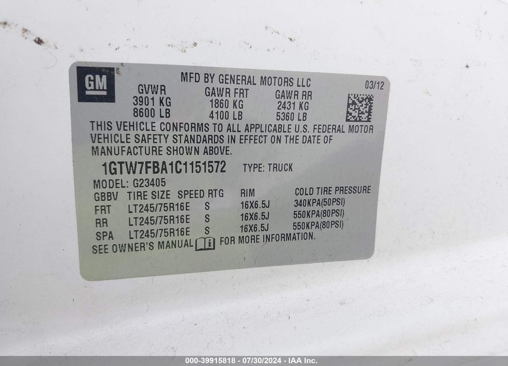 2012 GMC SAVANA 2500 WORK VAN VIN: 1GTW7FBA1C1151572