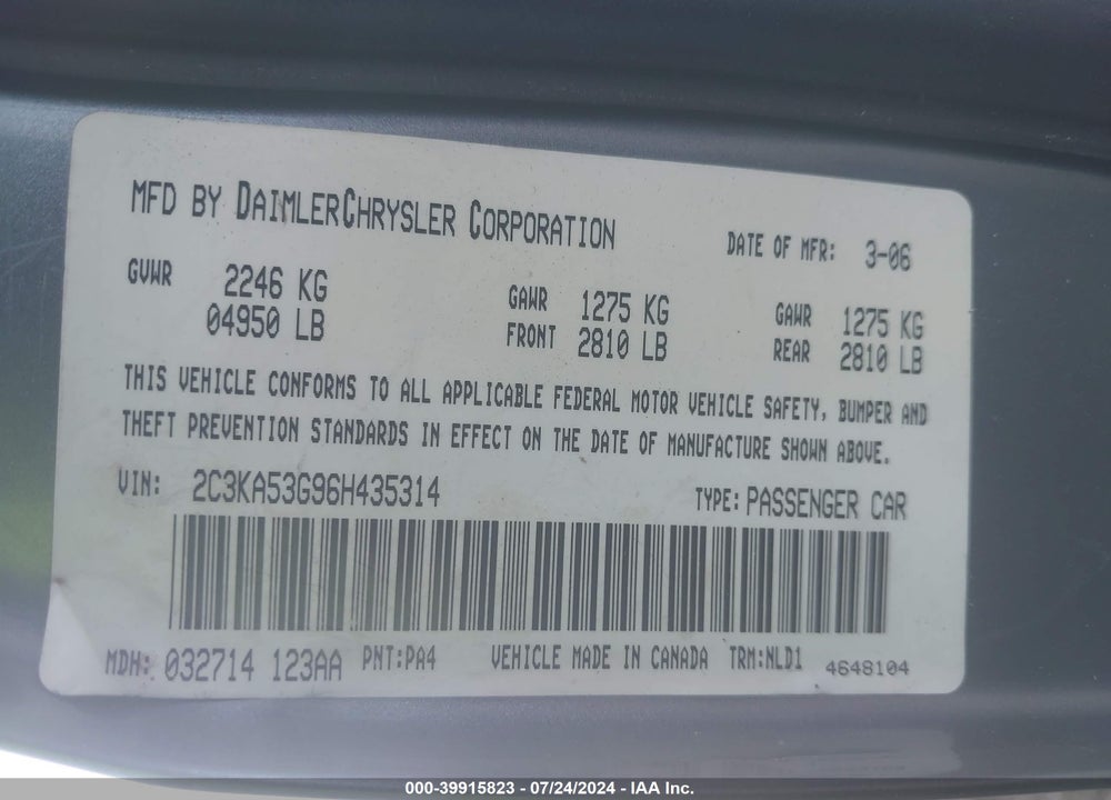 2006 CHRYSLER 300 TOURING VIN: 2C3KA53G96H435314