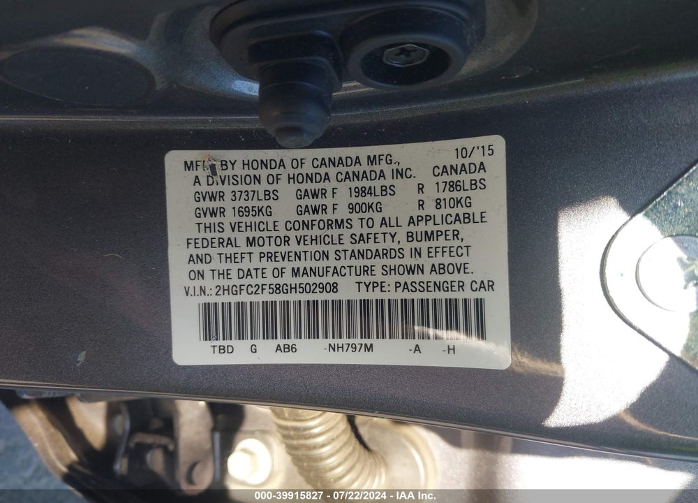 2016 HONDA CIVIC LX VIN: 2HGFC2F58GH502908
