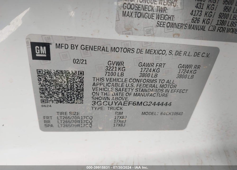 2021 CHEVROLET SILVERADO 1500 4WD SHORT BED WT VIN: 3GCUYAEF6MG244444