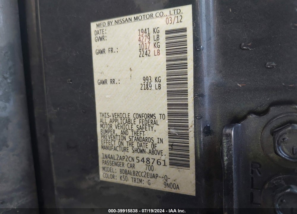 2012 NISSAN ALTIMA 2.5 S VIN: 1N4AL2AP2CN548761