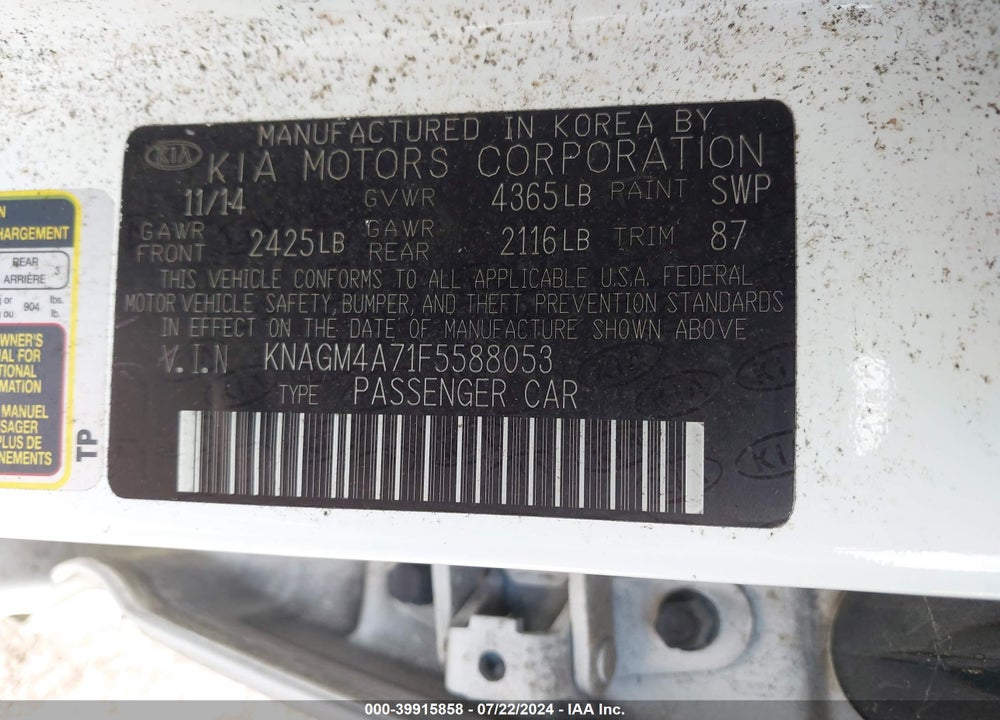 2015 KIA OPTIMA LX VIN: KNAGM4A71F5588053