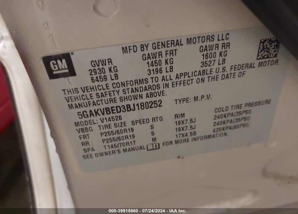 2011 BUICK ENCLAVE 1XL VIN: 5GAKVBED3BJ180252