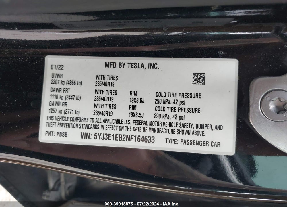 2022 TESLA MODEL 3 LONG RANGE DUAL MOTOR ALL-WHEEL DRIVE VIN: 5YJ3E1EB2NF164633