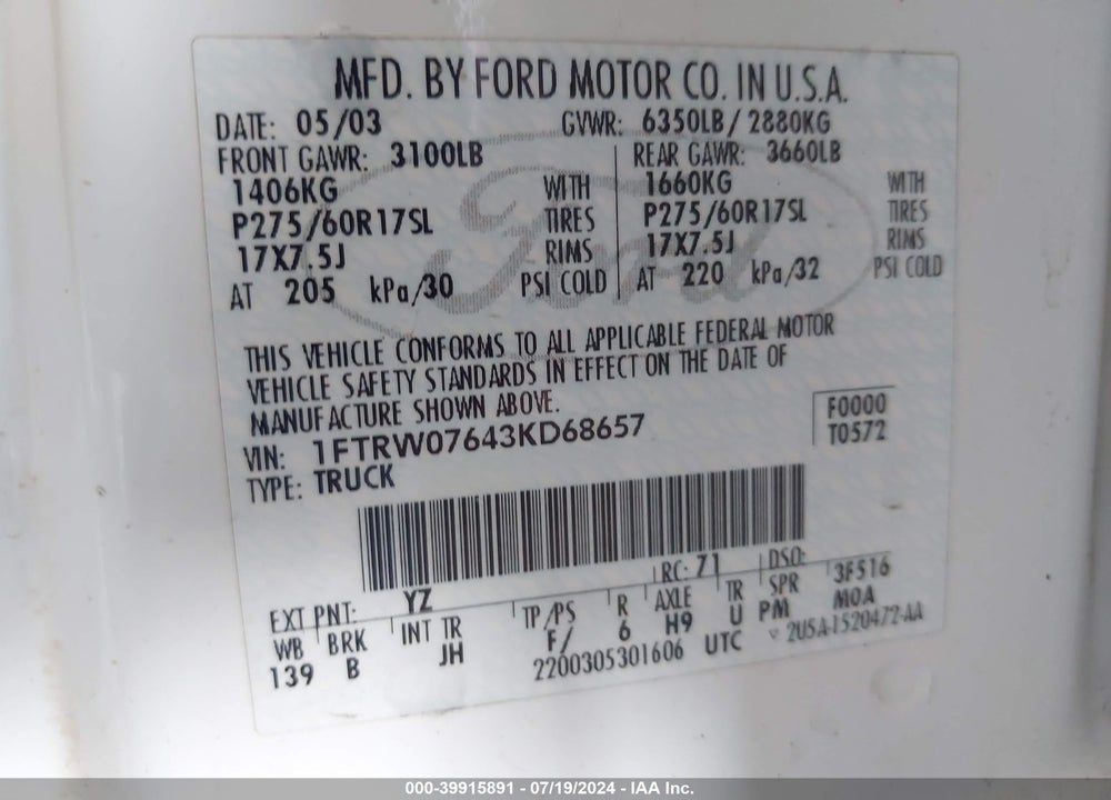 2003 FORD F-150 LARIAT/XLT VIN: 1FTRW07643KD68657