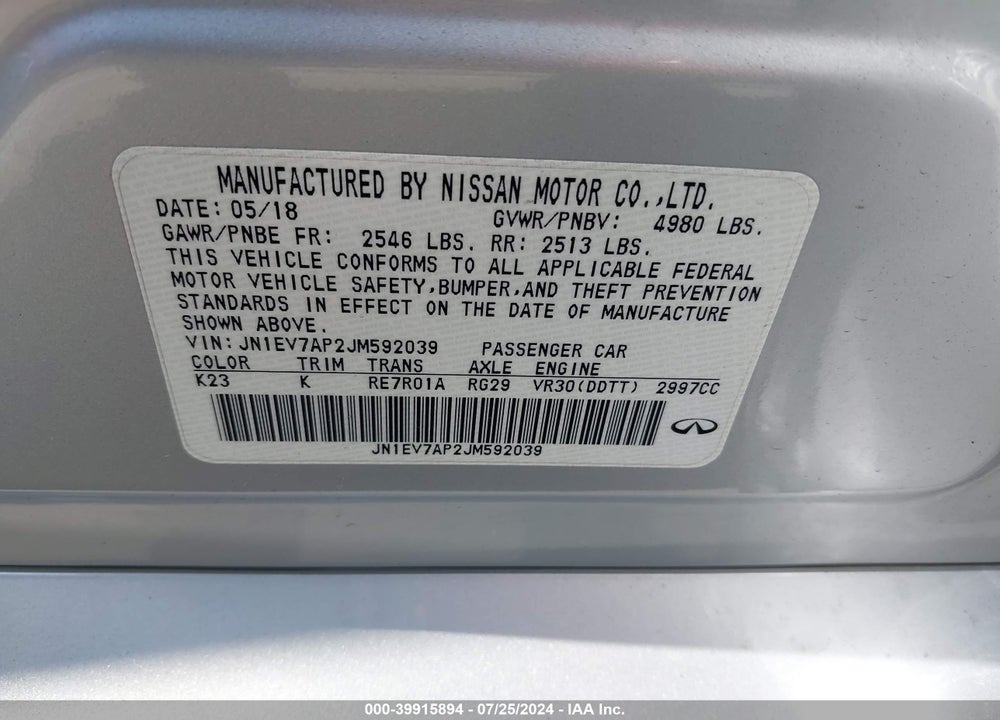 2018 INFINITI Q50 3.0T LUXE VIN: JN1EV7AP2JM592039