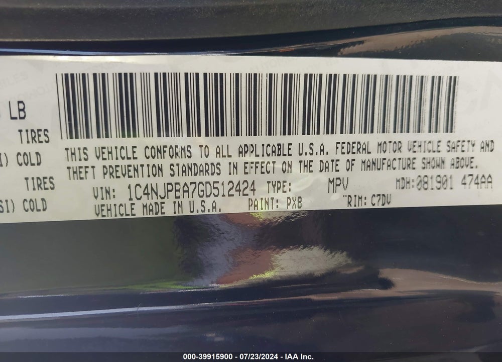 2016 JEEP PATRIOT SPORT VIN: 1C4NJPBA7GD512424