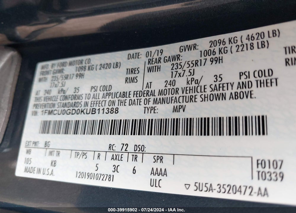 2019 FORD ESCAPE SE VIN: 1FMCU0GD0KUB11388
