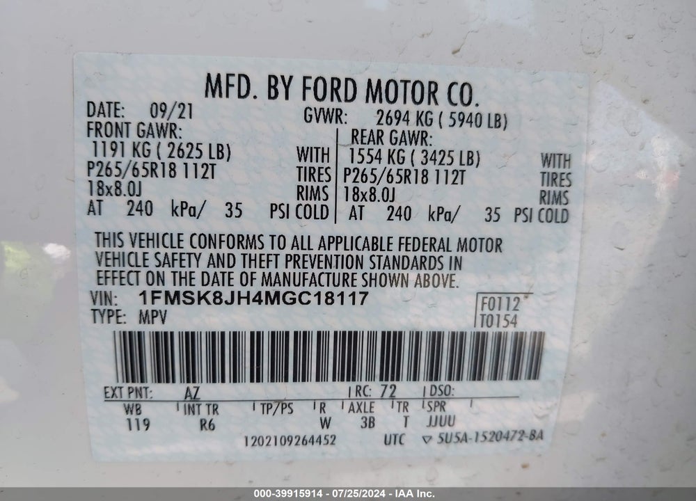 2021 FORD EXPLORER TIMBERLINE VIN: 1FMSK8JH4MGC18117