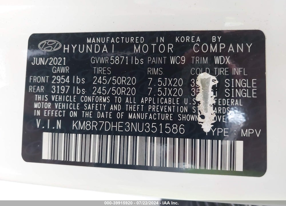2022 HYUNDAI PALISADE CALLIGRAPHY VIN: KM8R7DHE3NU351586