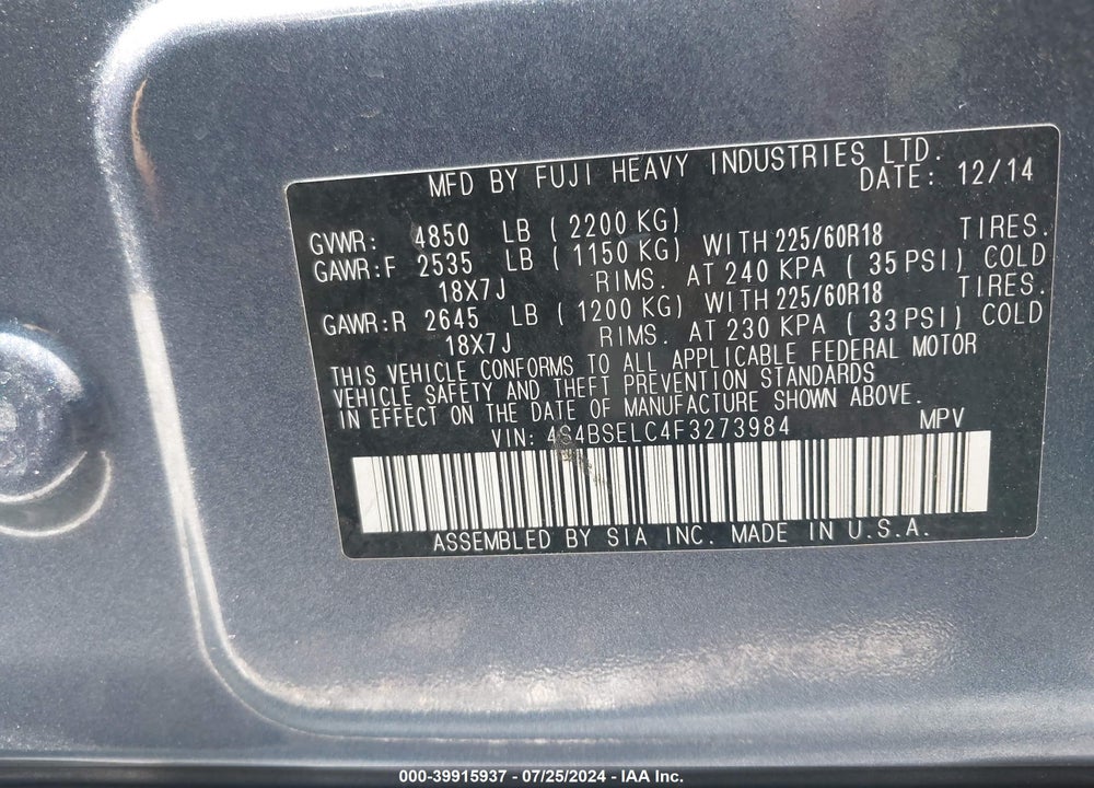 2015 SUBARU OUTBACK 3.6R LIMITED VIN: 4S4BSELC4F3273984
