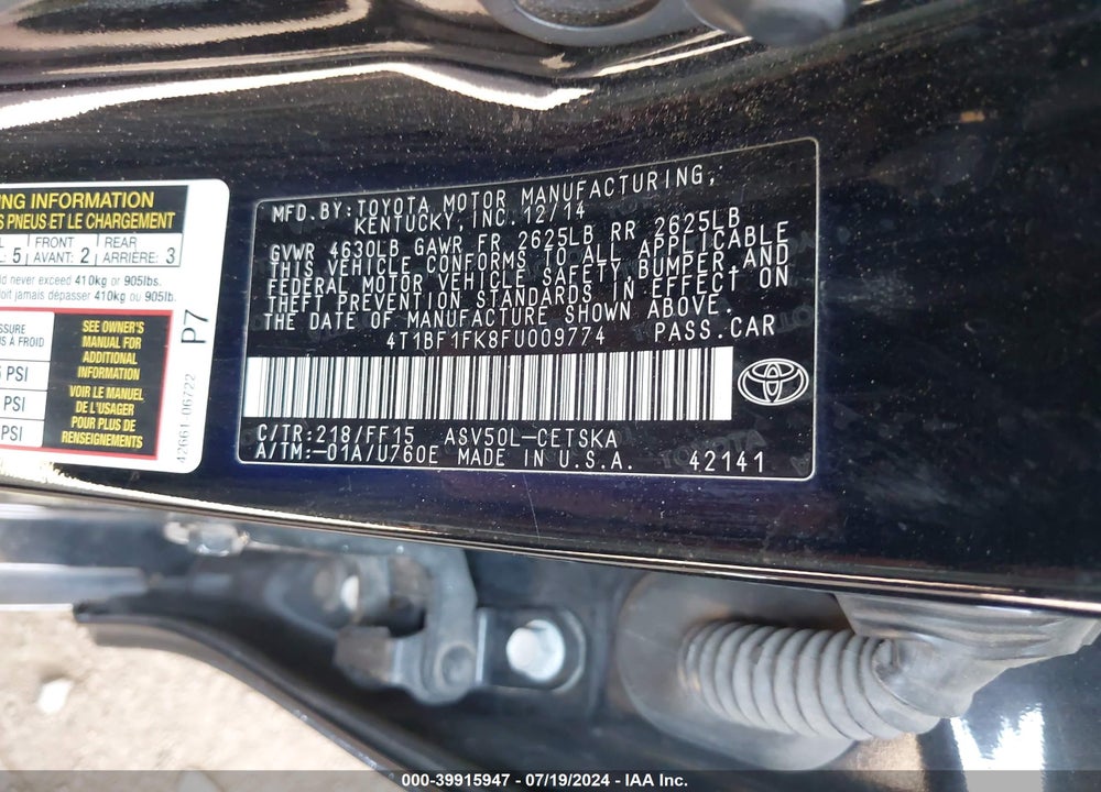 2015 TOYOTA CAMRY SE VIN: 4T1BF1FK8FU009774