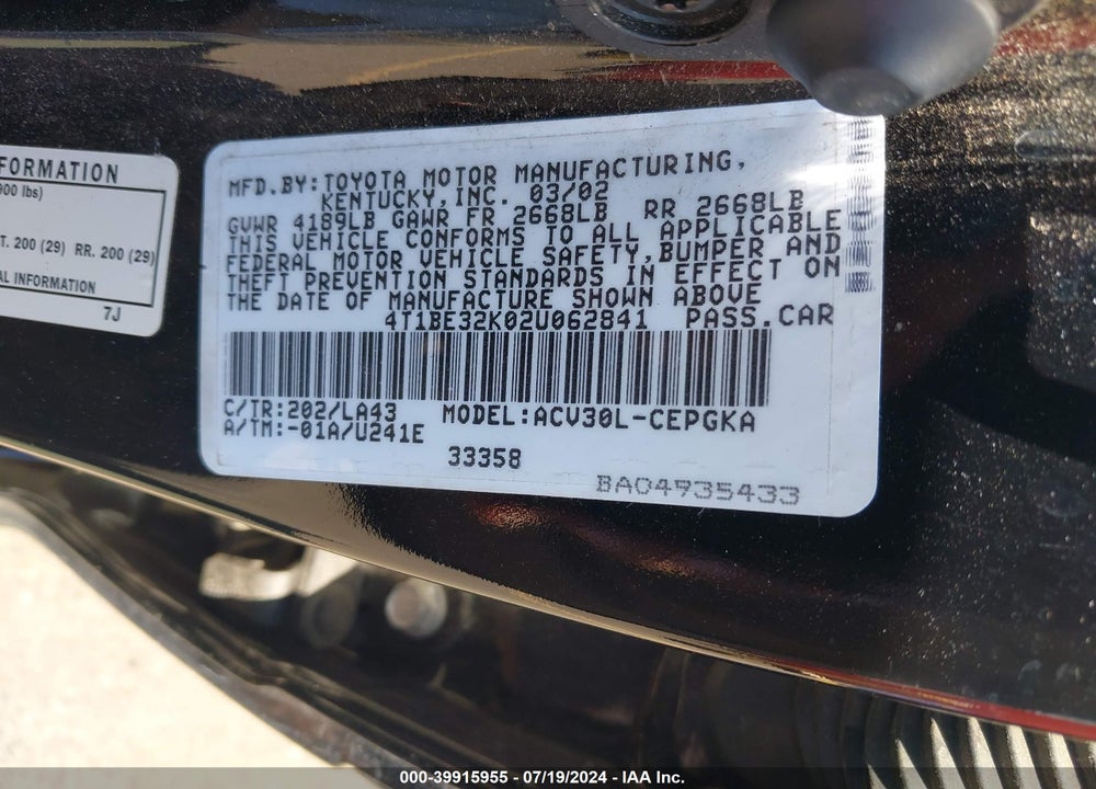 2002 TOYOTA CAMRY XLE VIN: 4T1BE32K02U062841