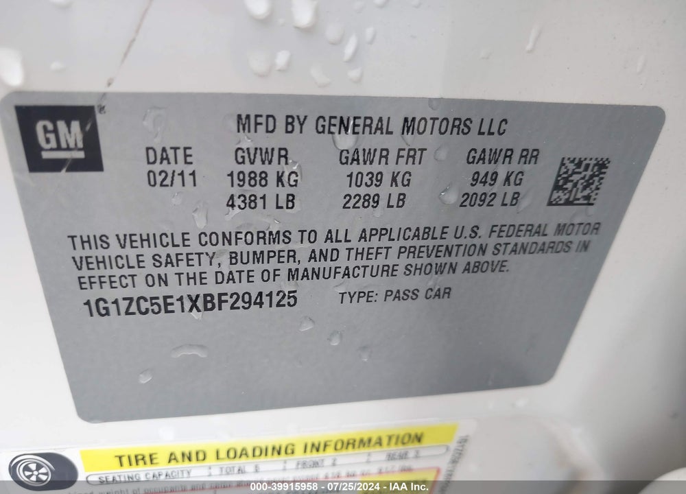 2011 CHEVROLET MALIBU 1LT VIN: 1G1ZC5E1XBF294125