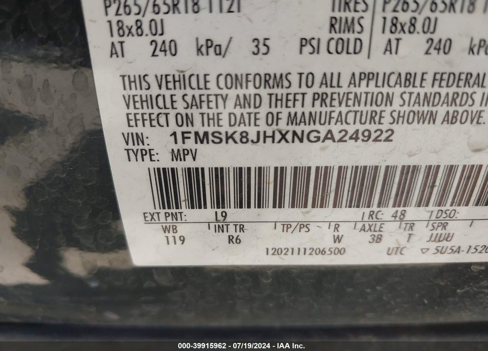 2022 FORD EXPLORER TIMBERLINE VIN: 1FMSK8JHXNGA24922