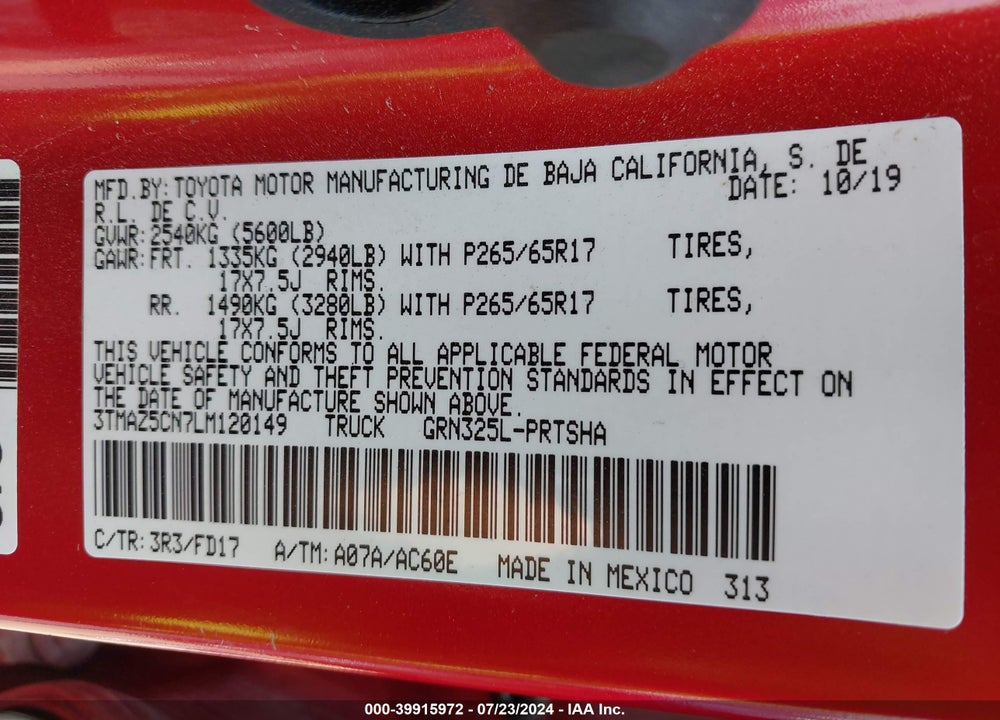 2020 TOYOTA TACOMA TRD SPORT VIN: 3TMAZ5CN7LM120149