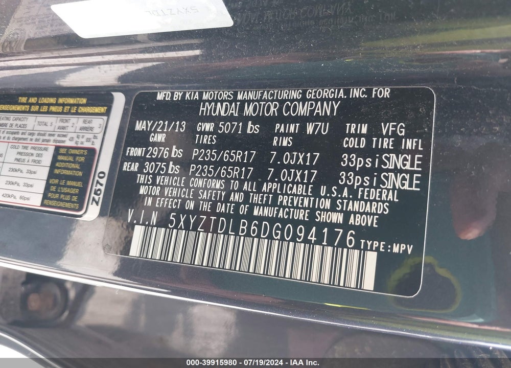 2013 HYUNDAI SANTA FE SPORT VIN: 5XYZTDLB6DG094176