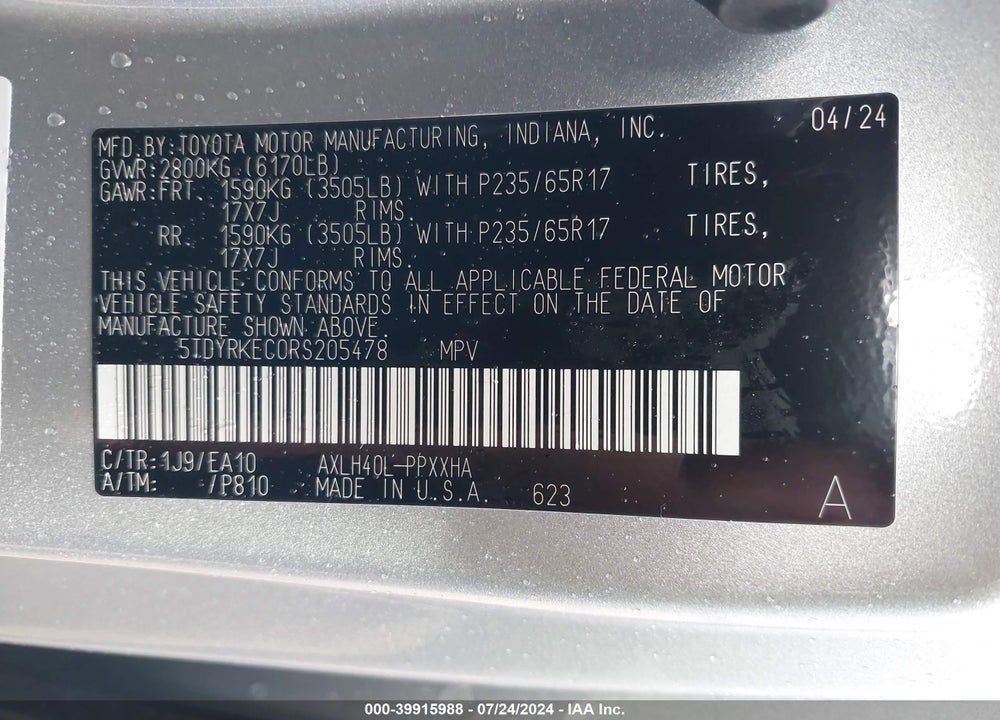2024 TOYOTA SIENNA XLE VIN: 5TDYRKEC0RS205478
