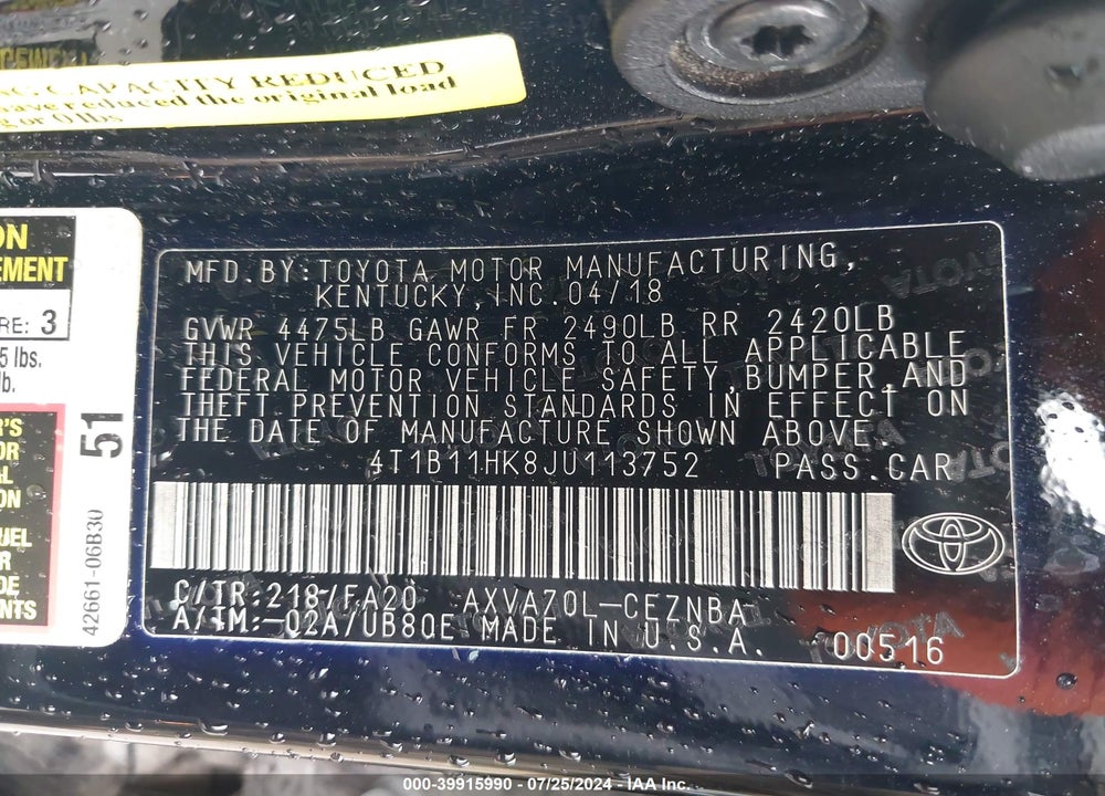 2018 TOYOTA CAMRY VIN: 4T1B11HK8JU113752