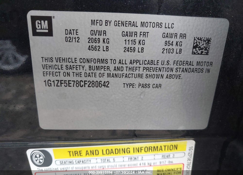 2012 CHEVROLET MALIBU 3LT VIN: 1G1ZF5E78CF280642