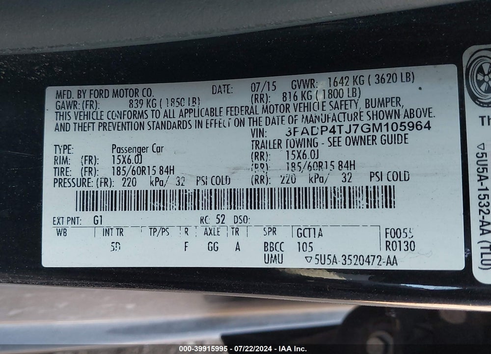 2016 FORD FIESTA S VIN: 3FADP4TJ7GM105964