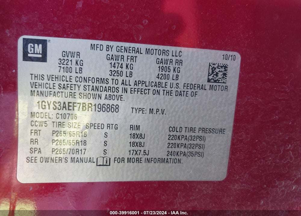 2011 CADILLAC ESCALADE STANDARD VIN: 1GYS3AEF7BR196868