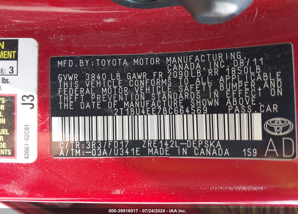 2011 TOYOTA COROLLA S VIN: 2T1BU4EE7BC664569