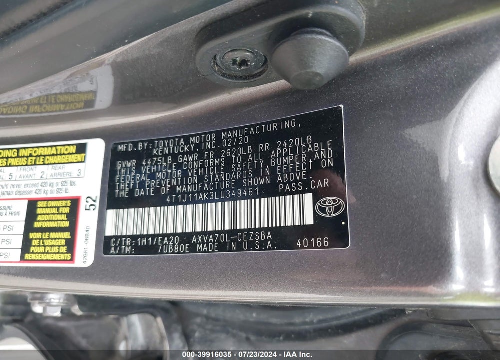 2020 TOYOTA CAMRY SE VIN: 4T1J11AK3LU349461