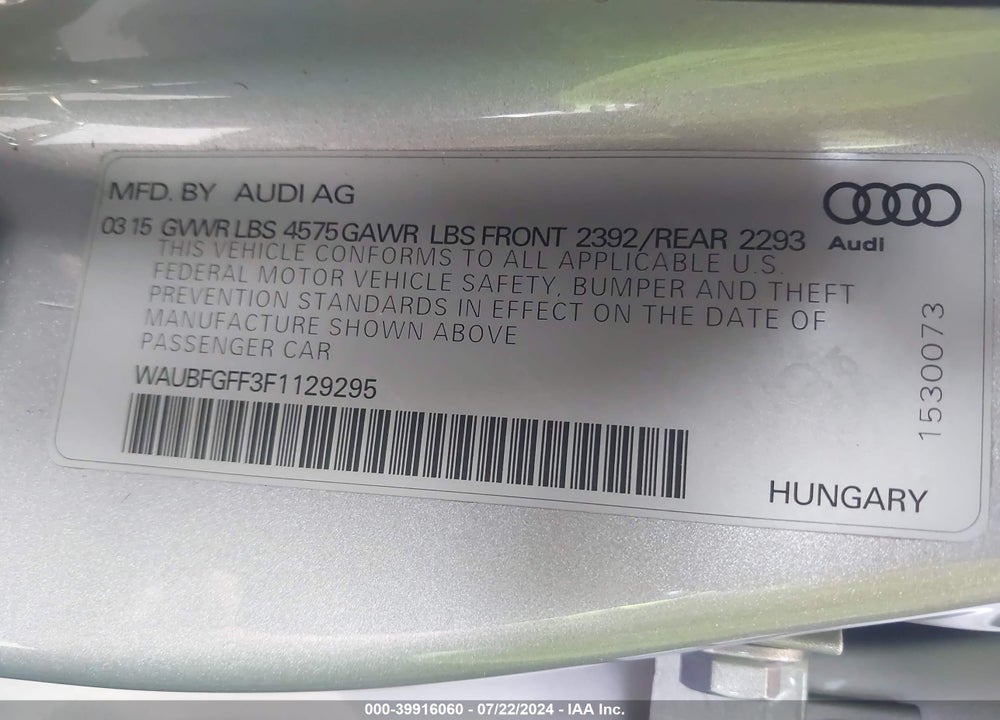 2015 AUDI A3 2.0T PREMIUM VIN: WAUBFGFF3F1129295