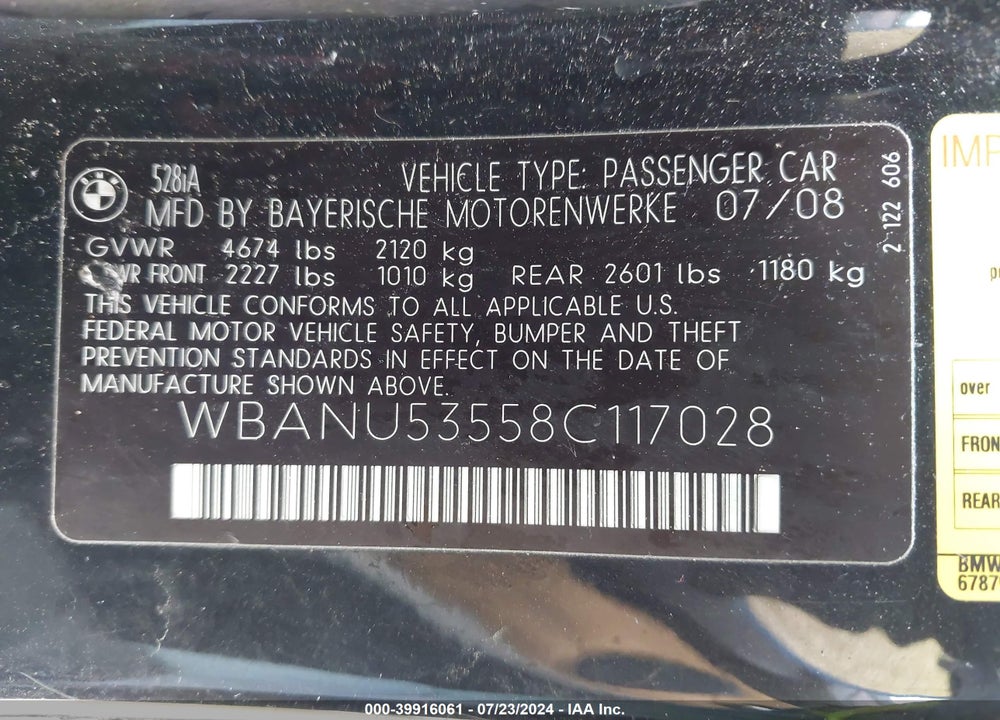 2008 BMW 528I VIN: WBANU53558C117028
