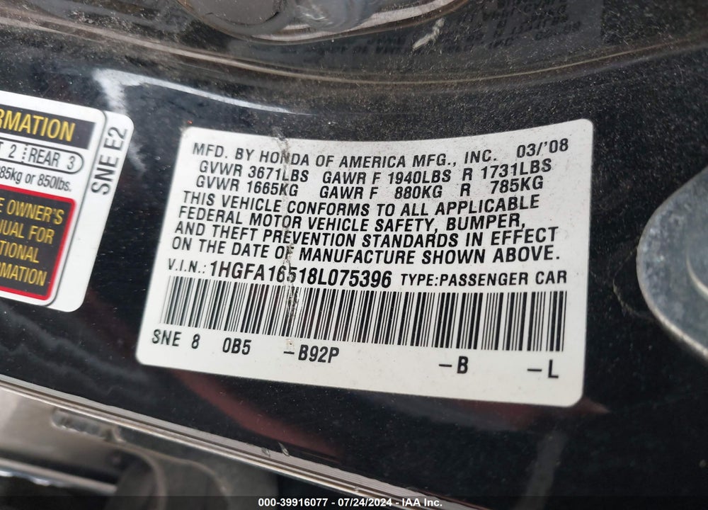 2008 HONDA CIVIC SDN LX VIN: 1HGFA16518L075396