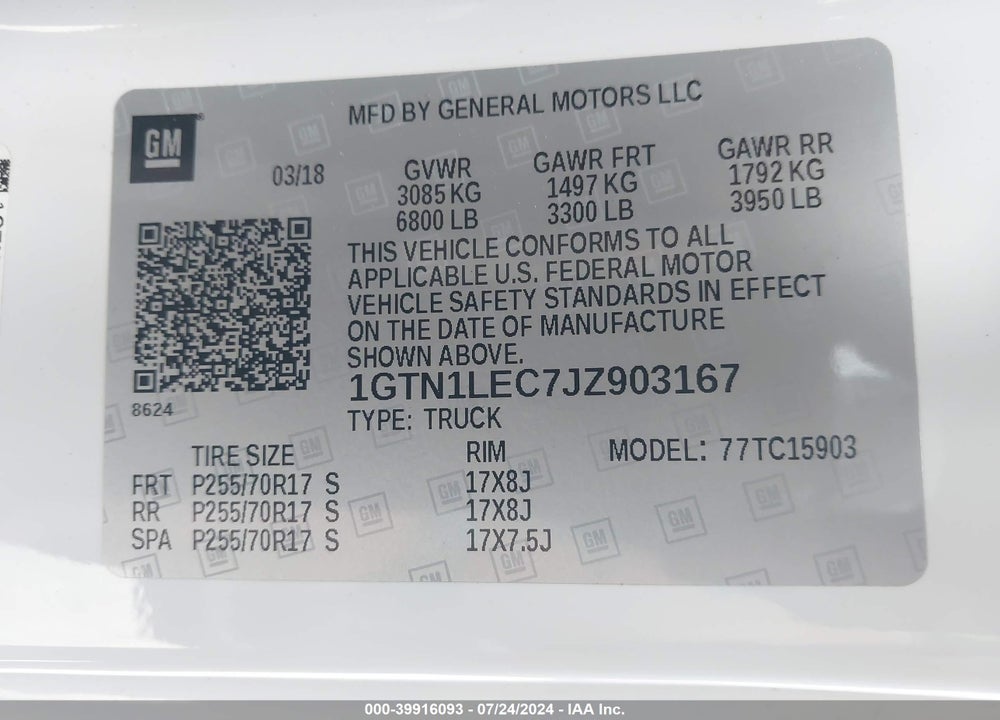 2018 GMC SIERRA 1500 VIN: 1GTN1LEC7JZ903167