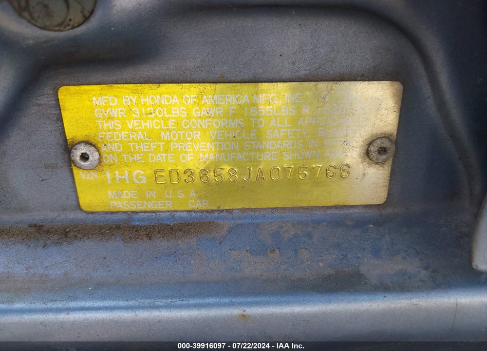 1988 HONDA CIVIC LX VIN: 1HGED3658JA075766