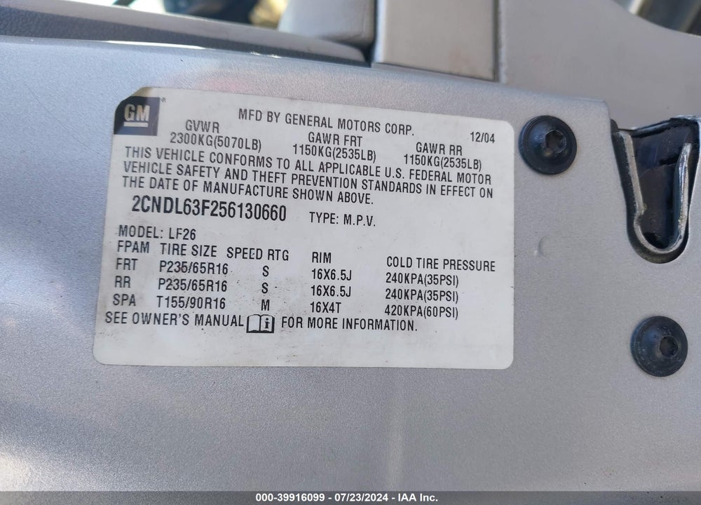 2005 CHEVROLET EQUINOX LT VIN: 2CNDL63F256130660
