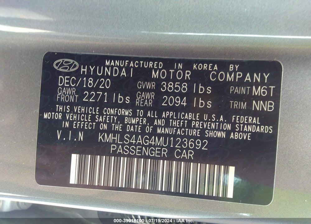 2021 HYUNDAI ELANTRA SEL VIN: KMHLS4AG4MU123692