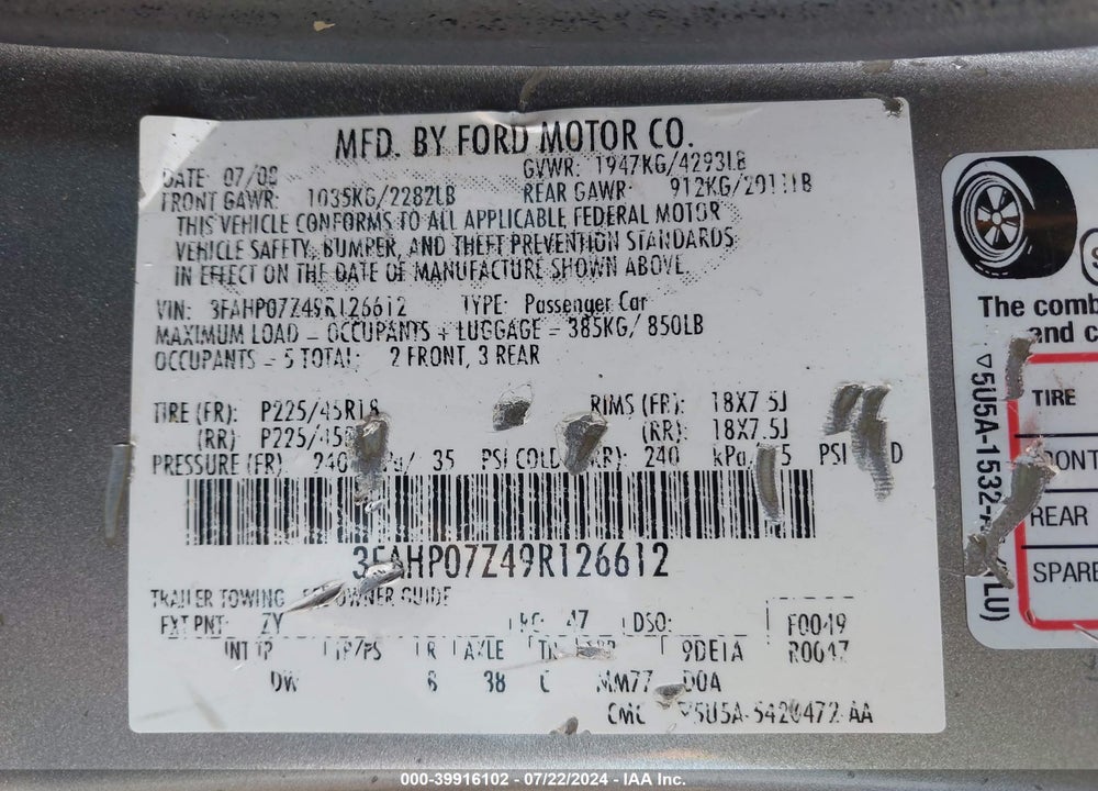 2009 FORD FUSION SE VIN: 3FAHP07Z49R126612