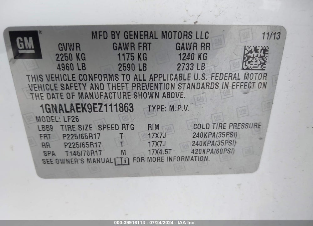 2014 CHEVROLET EQUINOX LS VIN: 1GNALAEK9EZ111863