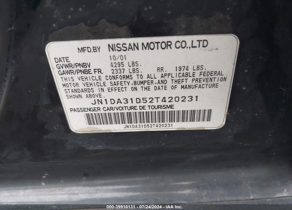 2002 NISSAN MAXIMA SE VIN: JN1DA31D52T420231