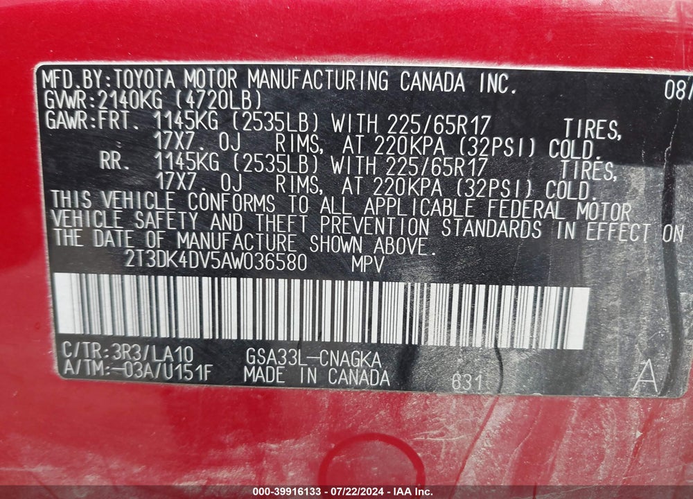2010 TOYOTA RAV4 LIMITED V6 VIN: 2T3DK4DV5AW036580
