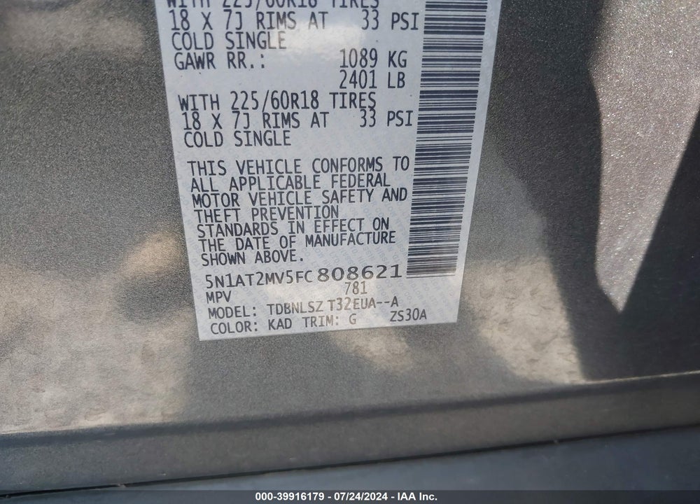 2015 NISSAN ROGUE SL VIN: 5N1AT2MV5FC808621