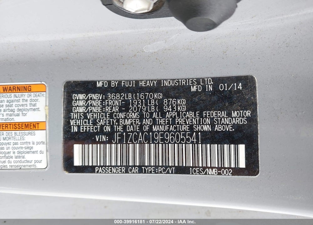 2014 SUBARU BRZ LIMITED VIN: JF1ZCAC19E9605541