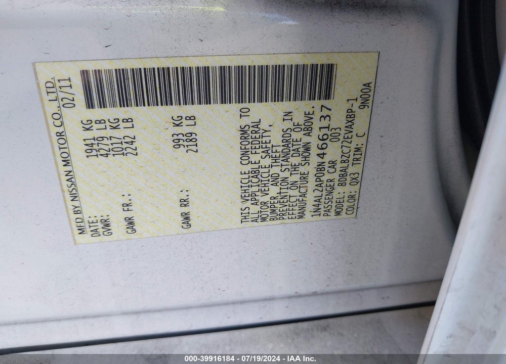 2011 NISSAN ALTIMA 2.5 S VIN: 1N4AL2AP0BN466137