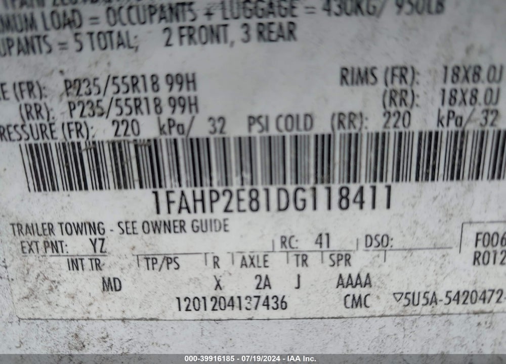 2013 FORD TAURUS SEL VIN: 1FAHP2E81DG118411