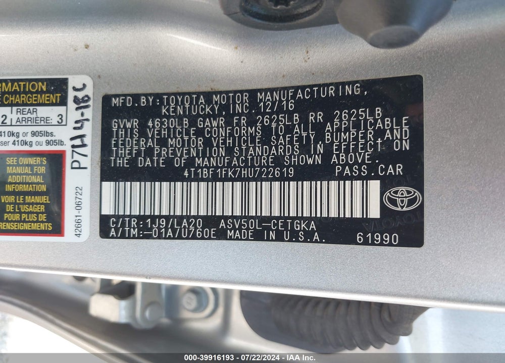 2017 TOYOTA CAMRY XLE VIN: 4T1BF1FK7HU722619