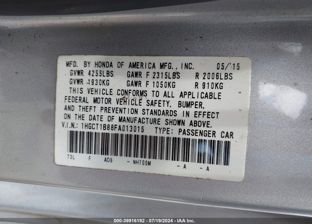 2015 HONDA ACCORD EX-L VIN: 1HGCT1B88FA013015