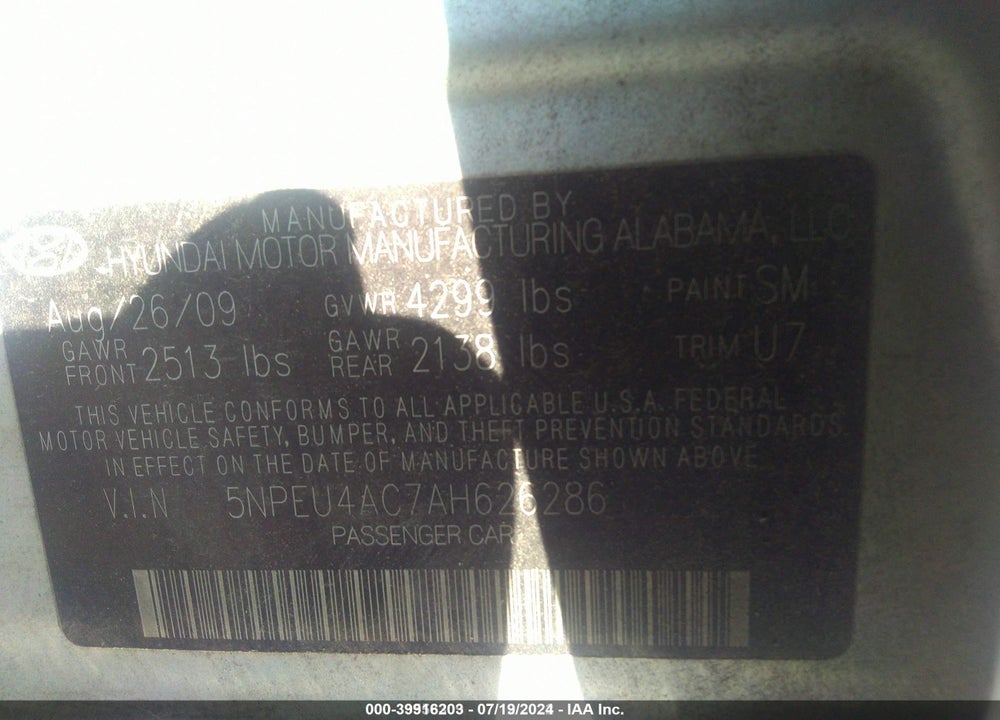2010 HYUNDAI SONATA SE VIN: 5NPEU4AC7AH626286