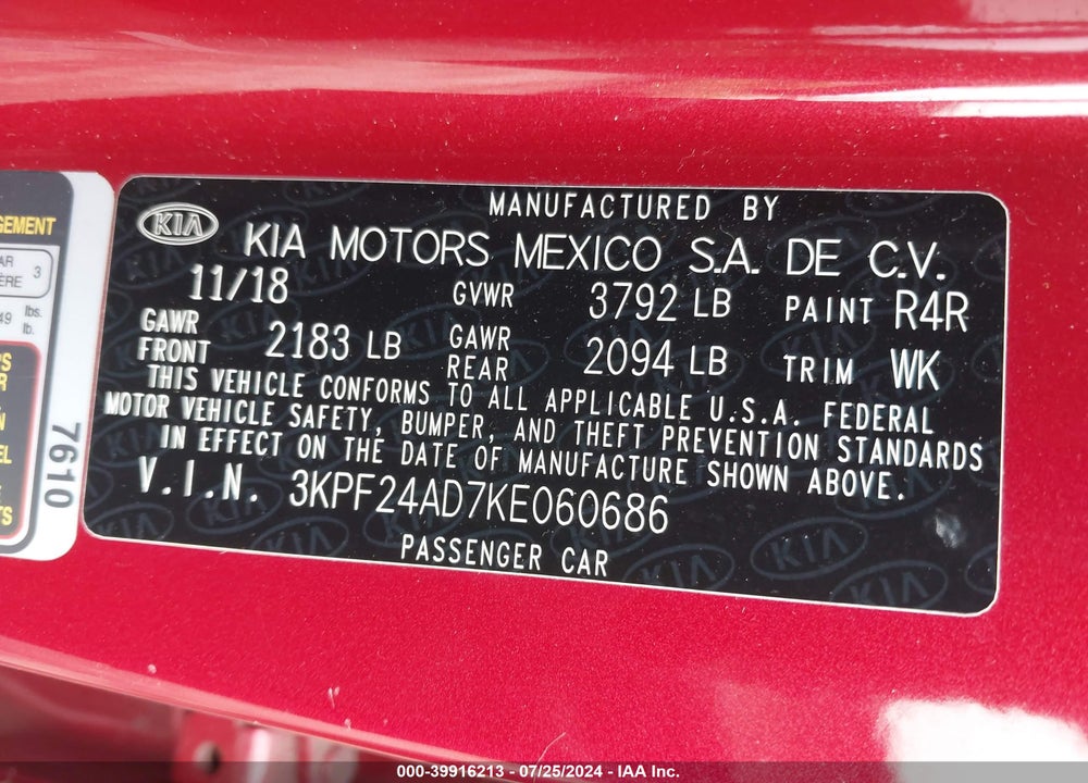 2019 KIA FORTE LXS VIN: 3KPF24AD7KE060686