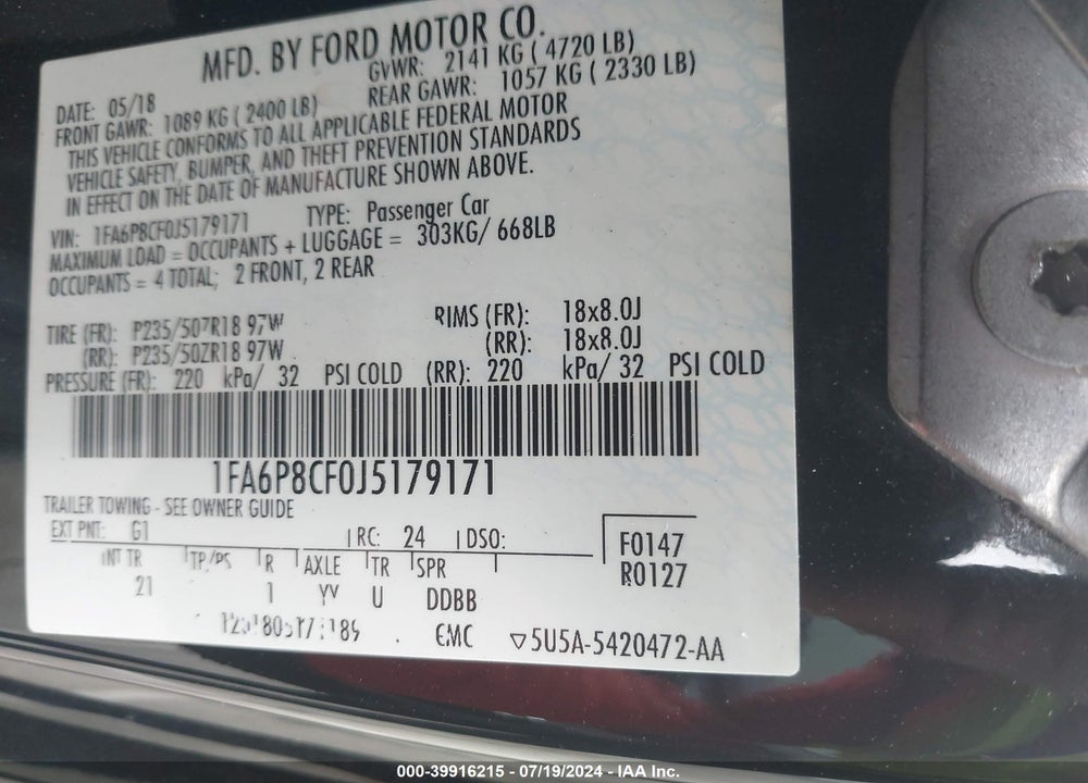 2018 FORD MUSTANG GT VIN: 1FA6P8CF0J5179171