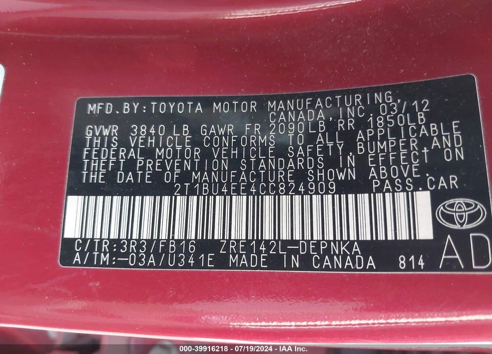 2012 TOYOTA COROLLA LE VIN: 2T1BU4EE4CC824909
